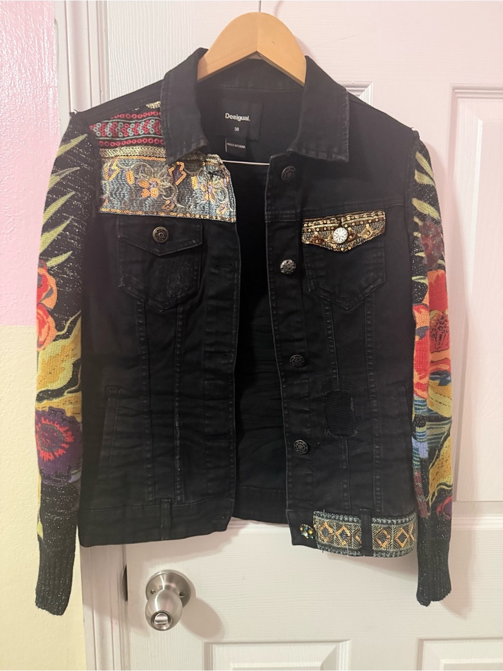 Desigual Patchwork Denim Jacket Black Women Floral Knit Sleeves Embroidered XS